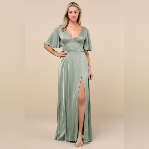 LULU’S Elegant Confidence Sage Satin Flutter Sleeve Cutout Maxi Dress - Picture 4 of 9
